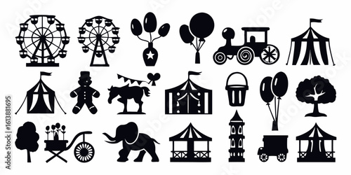 A collection of black silhouette icons themed around carnival and circus fun