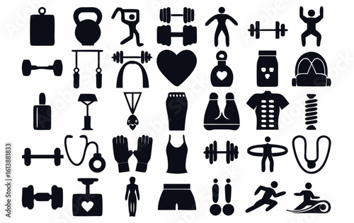 A collection of black silhouette icons themed around gym workouts and fitness