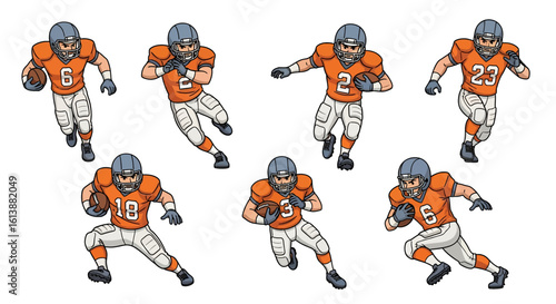 flat style illustration set of American football players in various dynamic action poses, including running with the ball and tackling, capturing the intensity of the game