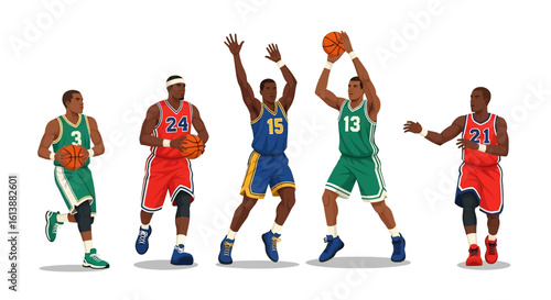 
flat style illustration set of basketball players in various dynamic action poses like shooting, dribbling, and defending, capturing the energy of the court