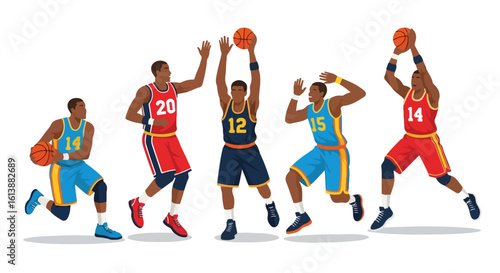 
flat style illustration set of basketball players in various dynamic action poses like shooting, dribbling, and defending, capturing the energy of the court