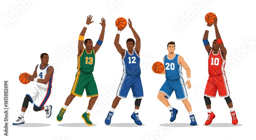 
flat style illustration set of basketball players in various dynamic action poses like shooting, dribbling, and defending, capturing the energy of the court
