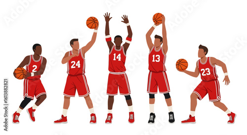 
flat style illustration set of basketball players in various dynamic action poses like shooting, dribbling, and defending, capturing the energy of the court