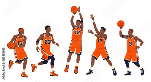 
flat style illustration set of basketball players in various dynamic action poses like shooting, dribbling, and defending, capturing the energy of the court