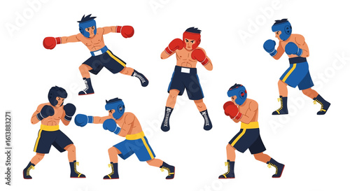 flat style illustration set of boxing players in various fighting stances, including jabs and uppercuts, showcasing the power and skill of combat sports