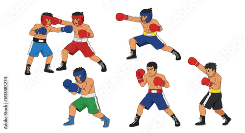 flat style illustration set of boxing players in various fighting stances, including jabs and uppercuts, showcasing the power and skill of combat sports