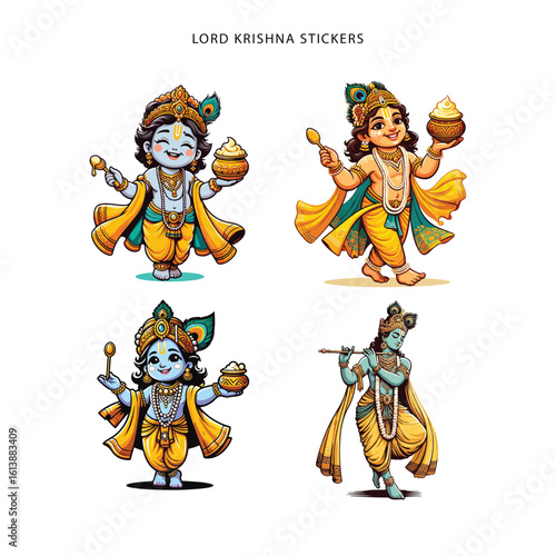 Cute and colorful sticker of Lord Krishna in traditional attire with divine expression