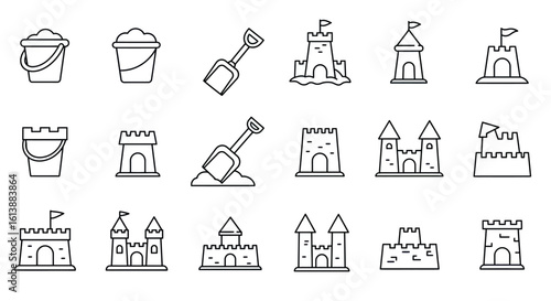 Collection of Simple Black Line Art Sandcastles and Beach Pails