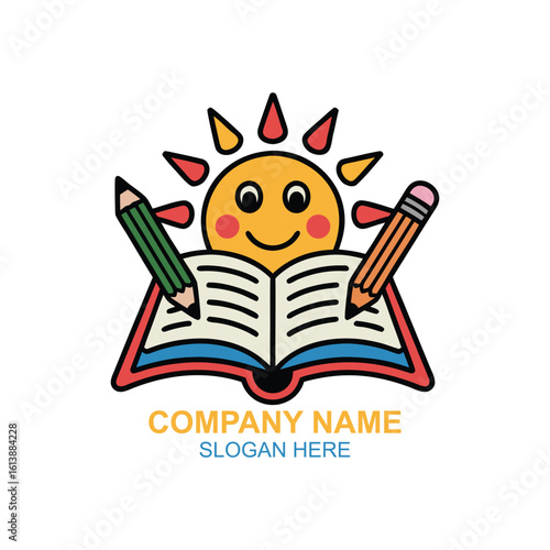 Colorful and playful educational logo design featuring a smiling sun book and pencils ideal for learning centers and creative brands