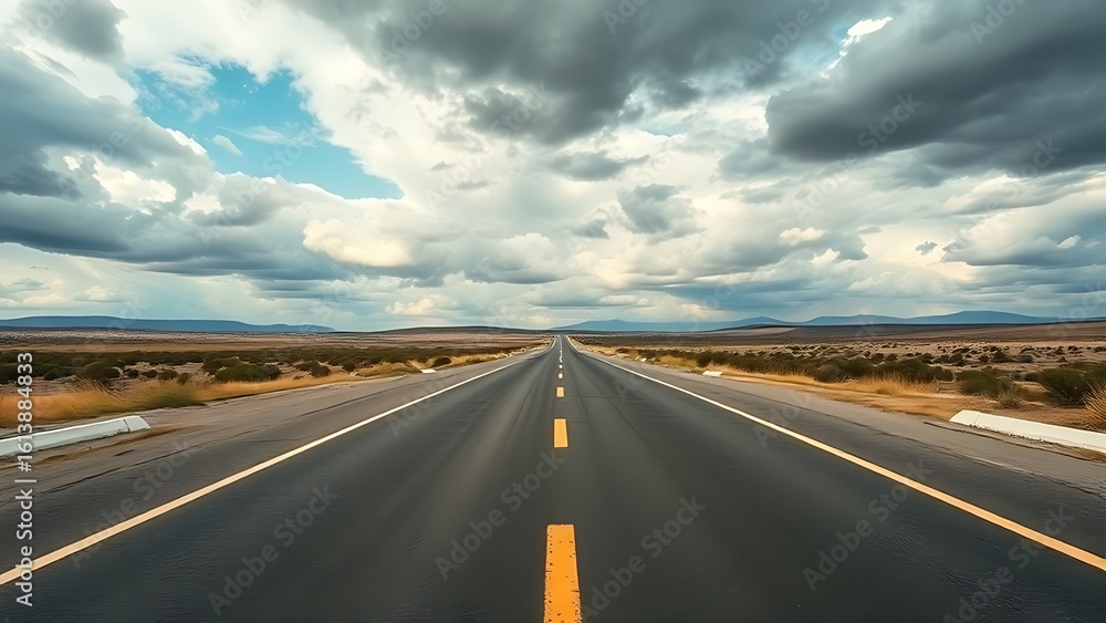 Naklejka premium Panoramic view of an empty road under cloudy skies, capturing a serene and open landscape.