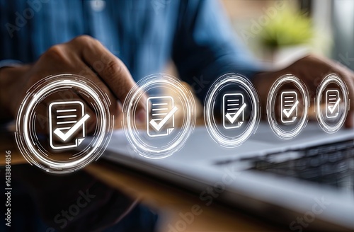Hands working on a laptop with digital checkmark icons
