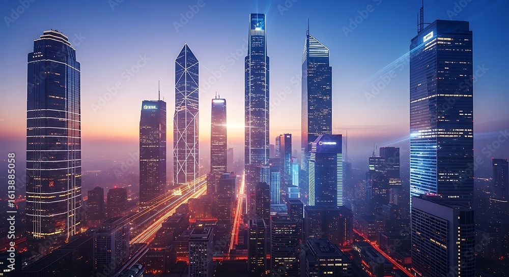 Fototapeta premium Spectacular cityscape view with illuminated skyscrapers against a vibrant skyline