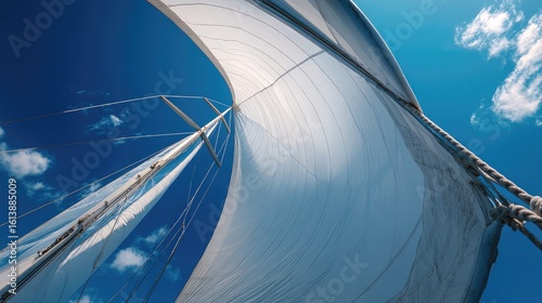 Sail billowing against a vibrant blue sky