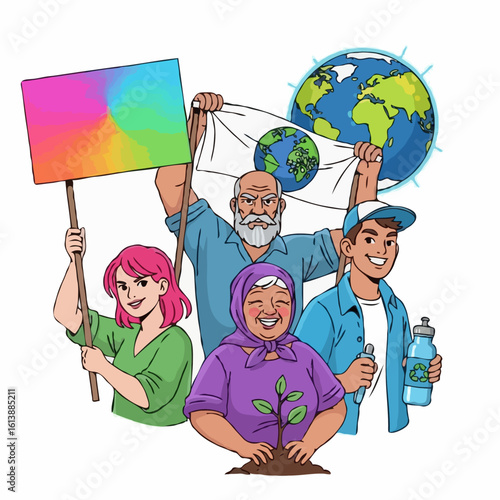 Multi-generational group of protestors passionately demonstrating for climate action and environmental protection with signs on a white background.