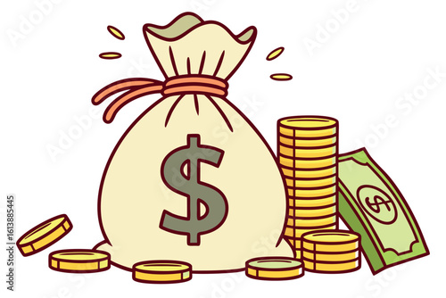 Cartoon money bag with a dollar sign stands near gold coins and currency
