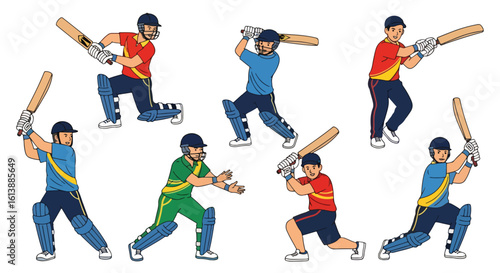 flat style illustration set of cricket players in various batting and fielding poses, capturing the dynamic action and competitive spirit of the sport