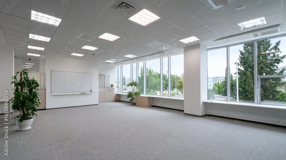 Fototapeta premium Bright modern office with large windows and minimalistic design