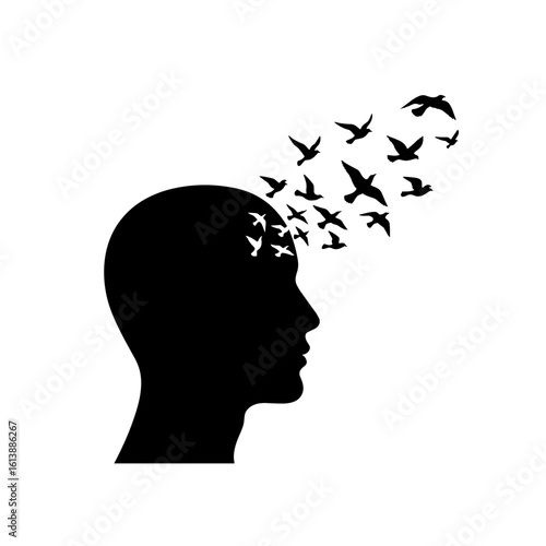 Silhouette of a head with birds flying out of the mind  