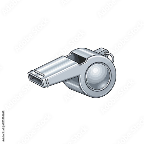 A detailed illustration of a classic silver metal sports whistle isolated on a white background.