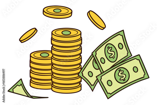 Cartoon money stacks and dollar bills suggest wealth and finance in this image