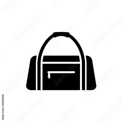 Black duffel bag with zipper closure and handle on white background  