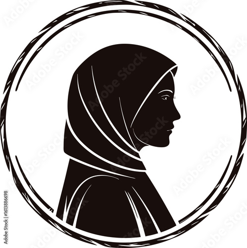 Silhouette of a muslim woman wearing a hijab inside a distressed circle isolated on transparent background