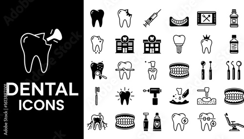 Dental care icons vector set dentistry and oral hygiene