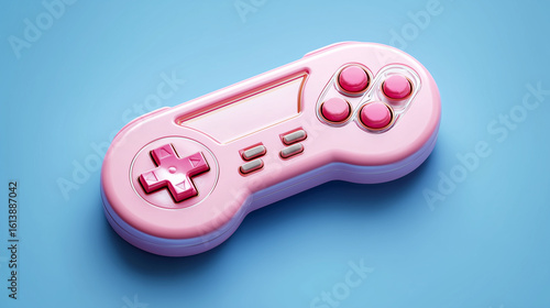Stylized 3D illustration of classic pink gamepads spread across a blue background — perfect for arcade-themed content, gaming promotions, or digital art.

