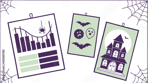 Whimsical halloween decorations featuring spooky graphics and a rollercoaster themed bar chart for a festive autumn celebration