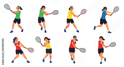 flat style illustration set of female tennis players in various dynamic poses like serving, forehand, and backhand shots, showcasing the energy and skill of the sport