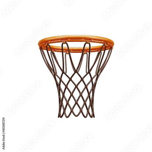 An isolated basketball hoop with a vibrant orange rim and a dark brown chain-link net.