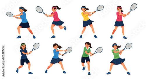 flat style illustration set of female tennis players in various dynamic poses like serving, forehand, and backhand shots, showcasing the energy and skill of the sport