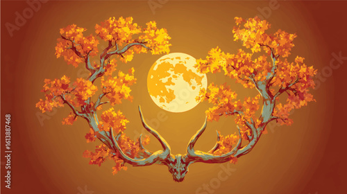 Autumnal Equinox with Golden Leaves Full Moon and Majestic Deer Skull Illustration Art Design