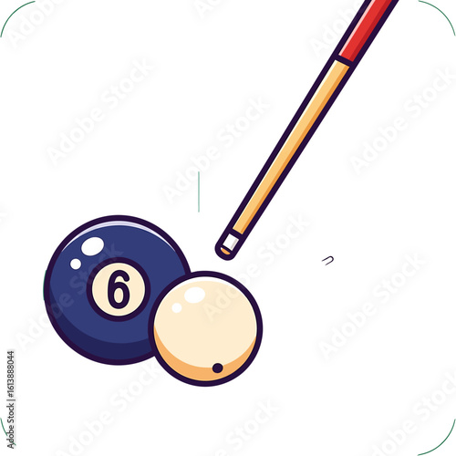 Illustration of a billiard cue stick hitting a white cue ball next to the black 6-ball, isolated on white.