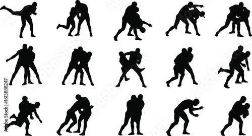 Silhouettes of wrestlers in various combat poses, martial arts movement illustration, mixed martial arts training, grappling techniques, dynamic sports action vector on white.
