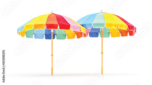 Bright Colorful Beach Umbrellas for Sunny Vacations and Summer Fun on White Background Studio Shot