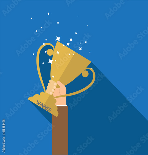 Flat cartoon-style illustration of a muted brown-sleeved hand holding a golden trophy with curved handles and sparkle