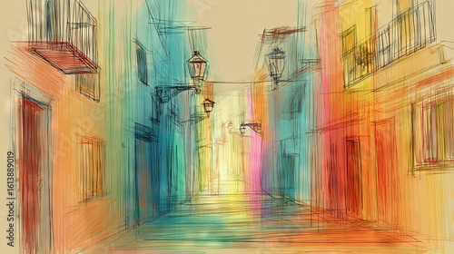 Fototapeta Naklejka Na Ścianę i Meble -    A depiction of a slender urban roadway featuring a lamppost at its center and structures flanking it