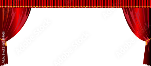 Elegant red stage curtains drawn open to reveal a clean white background, adorned with golden tassels and a gold top border