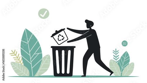 Trash Can Icon with Person in Solid Green ECO Vector Style