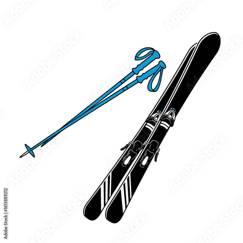 A pair of black skis with bindings and blue ski poles, essential winter sports equipment.