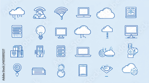 Collection of doodle style technology and cloud computing icons representing modern digital connectivity and data management systems