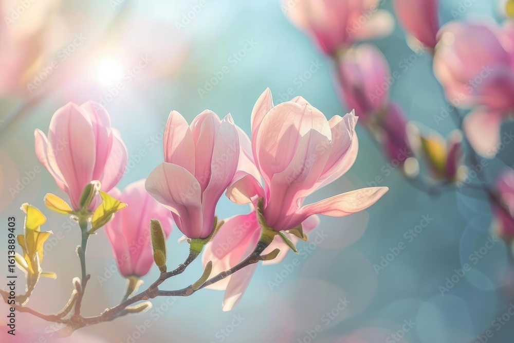 Obraz premium Beautiful pink magnolia flowers blooming on a branch against a sunny blue sky, a symbol of springtime renewal and beauty