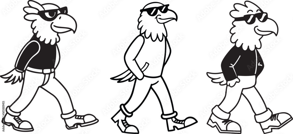 Fototapeta premium Cool cartoon eagle mascot walking with sunglasses and jacket