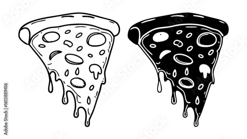 Pizza Slice Icons in Outline and Solid Black Vector Style.