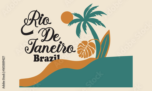 Palm tree Trendy, Amazing Brazil.Surfing Club, Copacabana, Rio de Janeiro. Tropical vibes t-shirt artwork. summer vibes artwork, beach artwork.