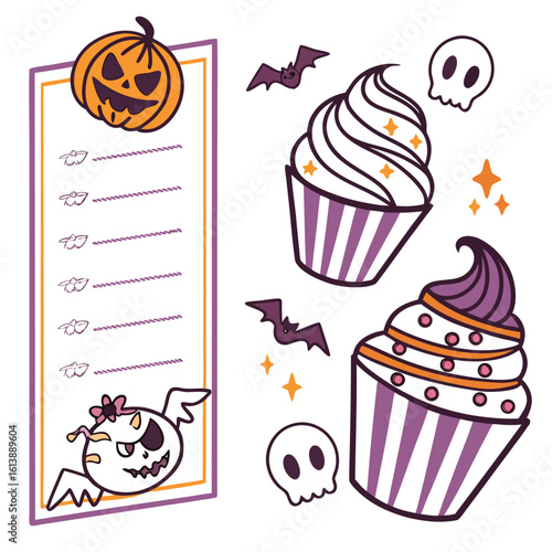 Spooky halloween planner page with a jack o lantern cupcakes bats ghosts and a cute monster perfect for holiday organization and decoration