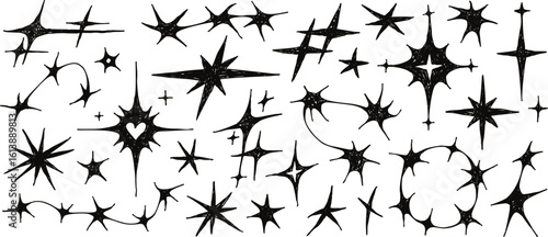 Hand drawn twinkle stars, y2k aesthetic sparkle shape tattoo. Abstract cosmic glitter sparkles, simple twinkling star doodles, magical glint, cybersigilism style celestial silhouette shapes vector set