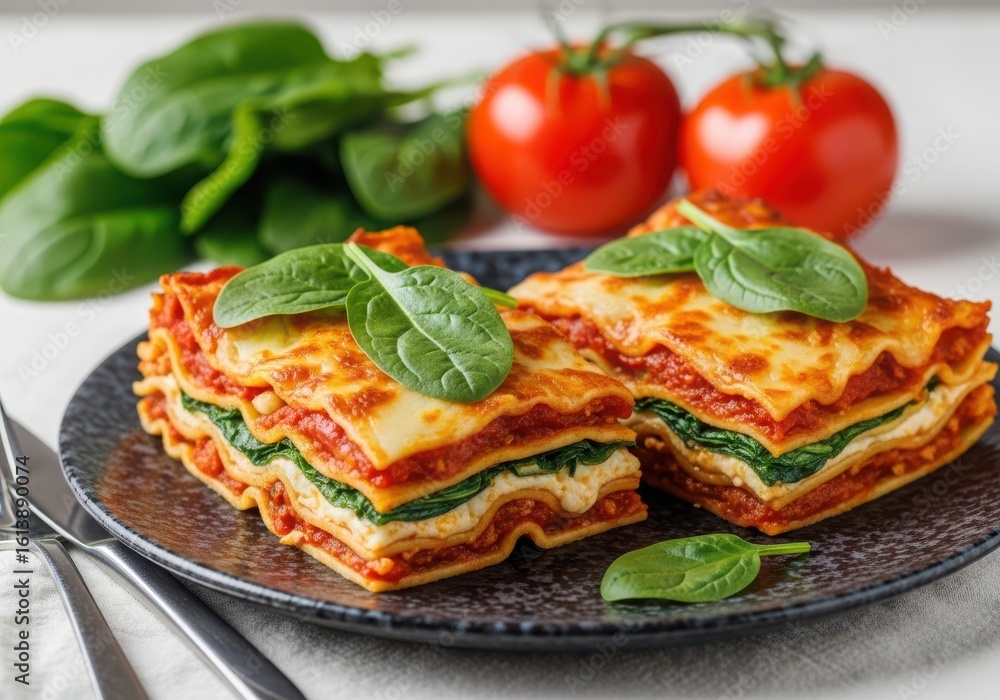 Two layered spinach lasagna portions topped with fresh spinach leaves on a dark plate tomato Two layered spinach lasagna portions topped with fresh spinach leaves on a dark plate tomato