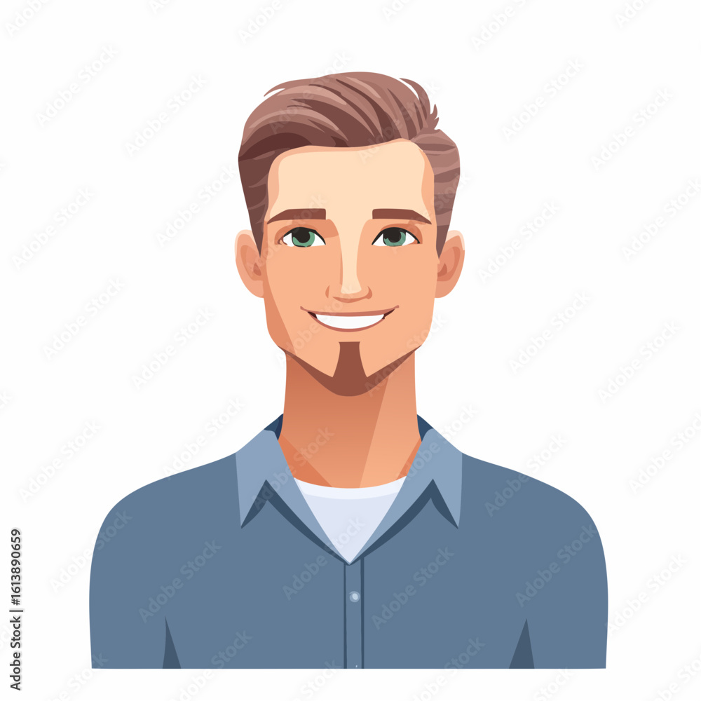 Vector cartoon illustration of smiling businessman in a suit with a woman and a guy Vector cartoon illustration of smiling businessman in a suit with a woman and a guy